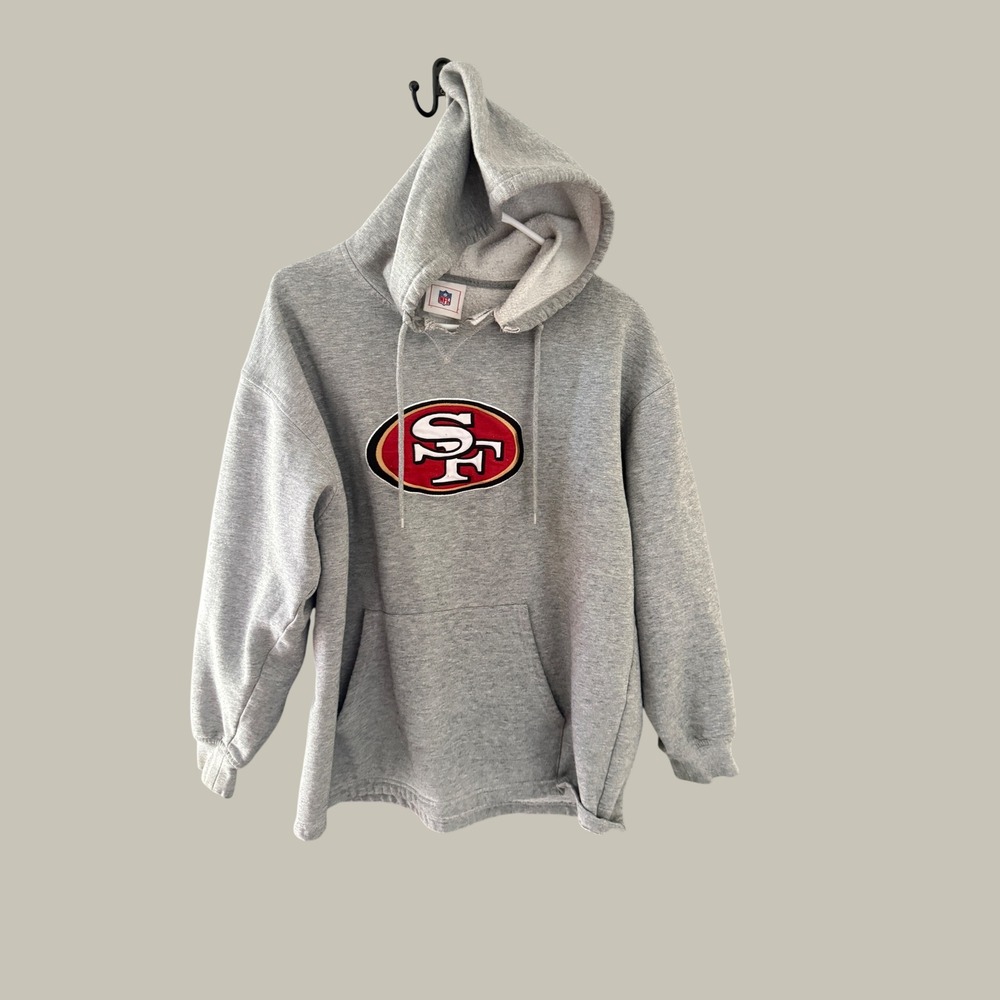 NFL San Francisco 49ers Gray Pullover Hoodie Distressed Embroidered Logo Mens L